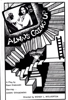 black and white poster with text: Always Going Up with hand drawn sketches of intertwining stairs.