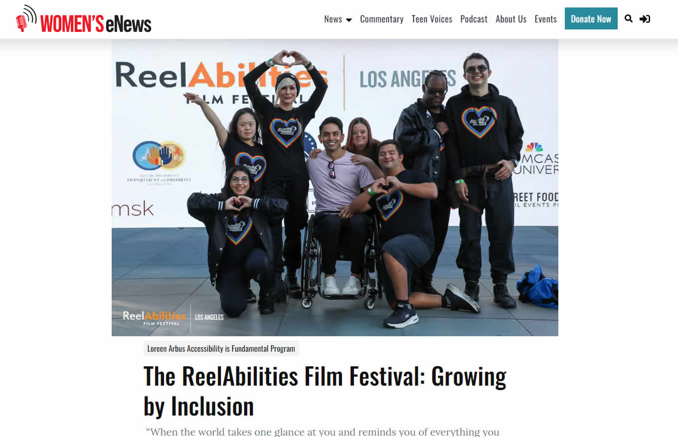 Screenshot of The ReelAbilities Film Festival: Growing by Inclusion. Group of people pose in front of premiere camera, one person is in wheelchair.