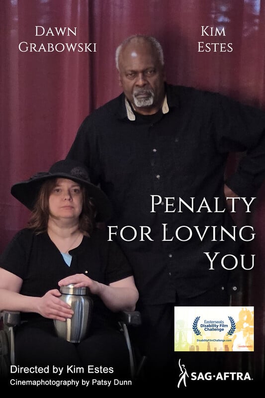 poster for Penalty for Loving You | dawn sits in a wheelchair holding an urn while Kim Estes stands to the side and behind her.