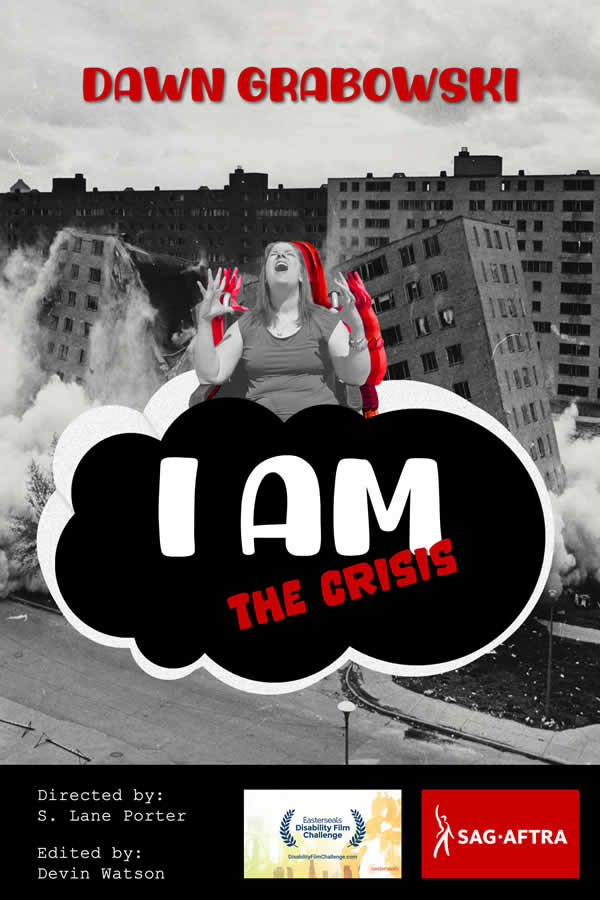 poster for I AM the crisis | title floats on a cloud in front of an imploding building. aboce the cloud, Dawn reaching for the sky in exasperation.